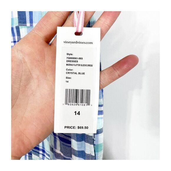 Vineyard Vines Dress Girls Madras Flutter Sleeve Blue Size 14 NEW - Picture 7 of 8